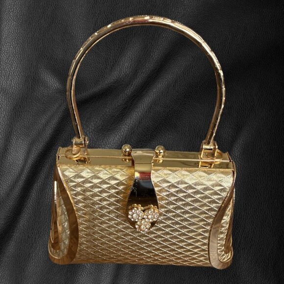 Vintage Sasha Gold Metal Box Clutch / Minaudière Top Handle Rhinestone Heart Y2K - Picture 3 of 10